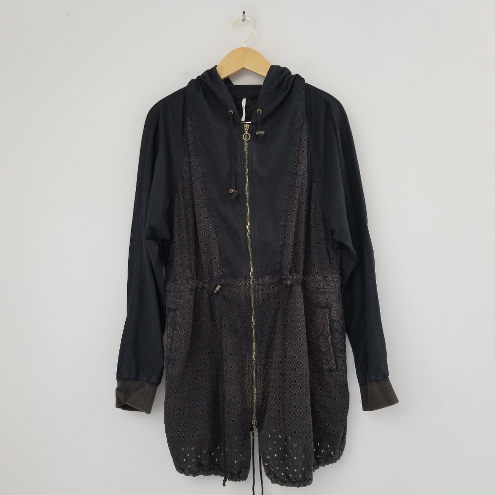 Free People For A Rainy Day Eyelet Utility Jacket Faded Black Sz Small